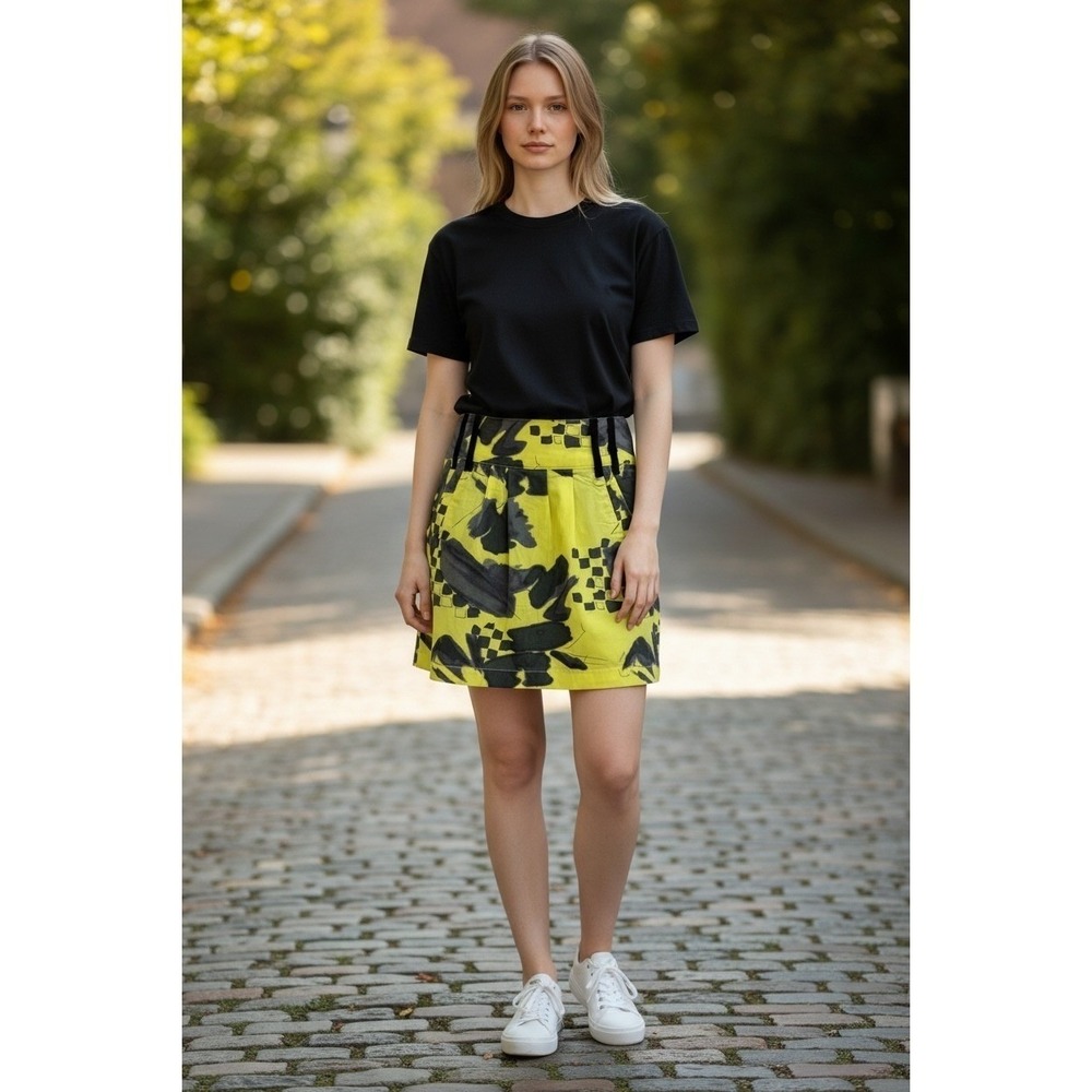Vans Womens Neon Yellow Black Abstract Checkerboard Mini Skirt Size 1 Cotton